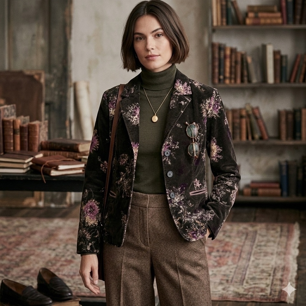 J. Jill Floral Velvet Cotton Blazer Jacket Petite Small Boho Y2K Dark Academia